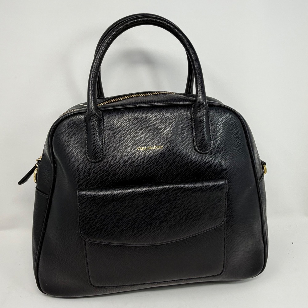 Vera Bradley Black Pebbled Faux Leather Satchel Dome Handbag Gold Hardware